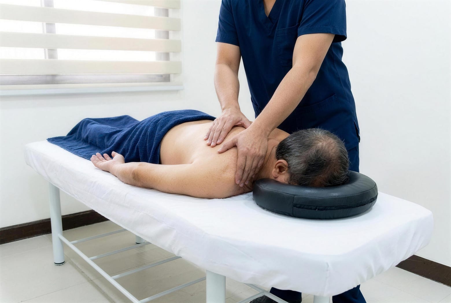 A therapist working on the upper back of a patient lying face-down on the treatment bed.